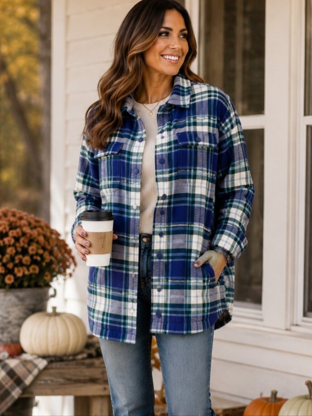 L.L.Bean Women Medium Plaid Fleece Lined Shacket Jacket 100% Cotton Snap Front